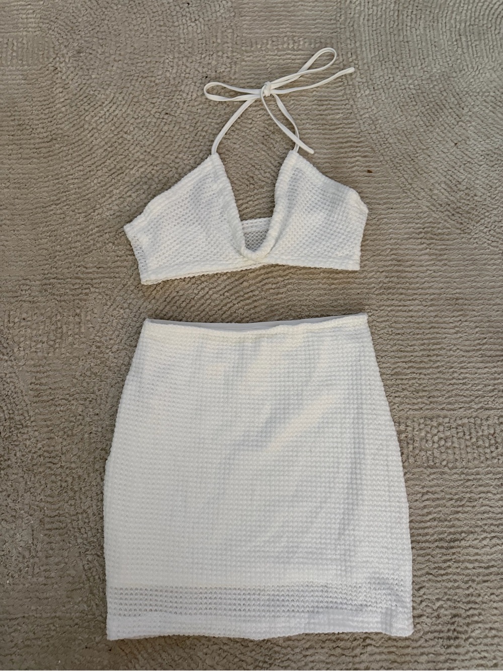 SHEIN White Textured Knit Halter Crop Top & Mini Skirt Set